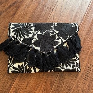 Black and White Floral Clutch with Tassels